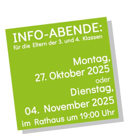 Info-Abende für die Eltern der 3. und 4. Klassen am Montag, dem 27. Oktober 2025 oder am Dienstag dem 4. November 2025, jeweils um 19 Uhr im Rathaus in Wadersloh.