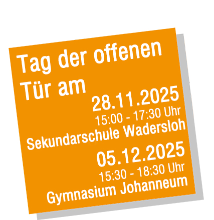 Der Tag der offenen Tür der Sekundarschule findet am 28. November von 15 bis 17 Uhr 30 statt. Der Tag der offenen Tür des Gymnasium Johanneum findet am 5. Dezembert von 15 Uhr 30 bis 18 Uhr 30 statt.