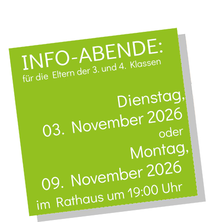 Info-Abende für die Eltern der 3. und 4. Klassen am Dienstag, 3. November 2026 oder am Montag, 9. November 2026 jeweils im Rathaus der Gemeinde Wadersloh